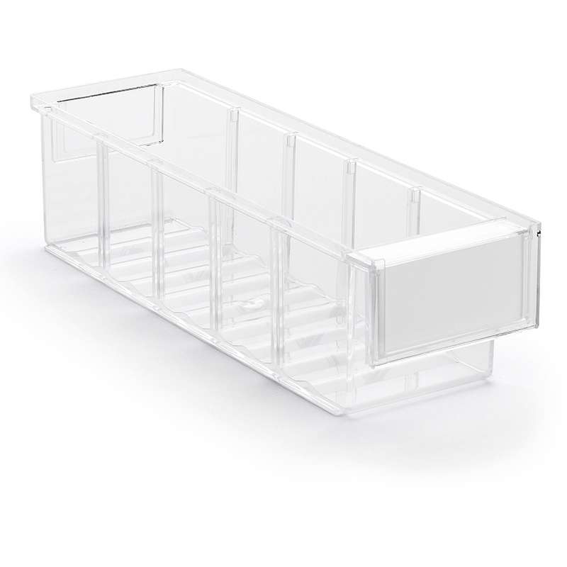 Storage Shelf Poly Bin and Label with Shield, Cristal Clear, 11.81 x 3.62 x 3.22”, Case of 30 Bins